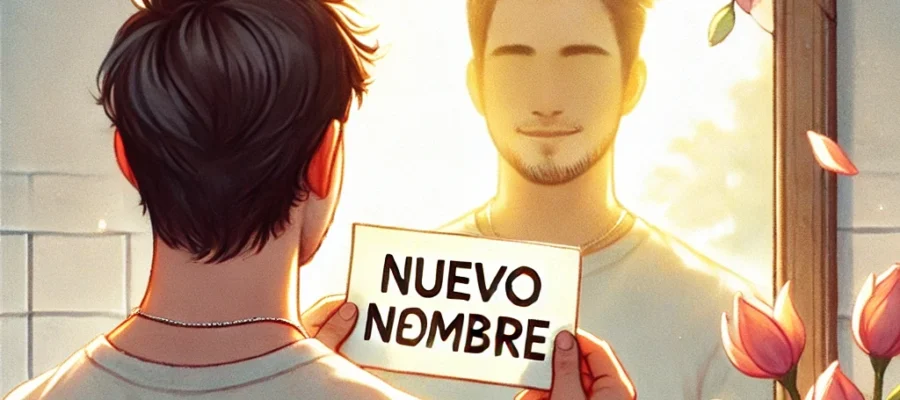 DALL·E 2024-12-31 20.07.45 - A person standing in front of a mirror, with their reflection showing a slightly different face and holding a paper with the text 'Nuevo Nombre' writt